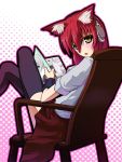  bad_id blush cat_ears caught chair din_(flypaper) headphones long_hair open_mouth original red_hair redhead sitting skirt surprise surprised thigh-highs thighhighs wristband yellow_eyes zettai_ryouiki 