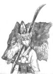  hat inubashiri_momiji kobushi monochrome naginata polearm short_hair tokin_hat touhou traditional_media weapon wolf wolf_ears 
