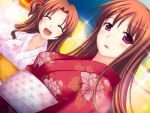  brown_hair cotton_candy festival happy japanese_clothes kimono long_hair mother_and_daughter open_mouth photoshop pregnant violet_eyes 
