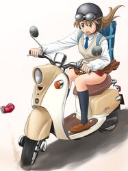  brown_hair helmet highres lielos motor_vehicle original panties poni_child poniko_(lielos) ponytail school_uniform scooter underwear vehicle 