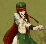  bone braid fighting_stance foreshortening green_eyes hair_over_one_eye hands hat hong_meiling kobushi long_hair mouth_hold red_hair redhead sleeves_rolled_up solo touhou very_long_hair wristband 