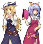  blonde_hair blue_hair book food fruit hat jing_hu kiyoshi_mizuumi_+ long_hair peach ribbon sword touhou watatsuki_no_toyohime watatsuki_no_yorihime weapon 