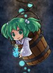  girl_in_bucket green_eyes green_hair hair_bobbles hair_ornament in_bucket in_container japanese_clothes kimono kisume magic pote_(ptkan) ptkan short_hair smile touhou twintails 