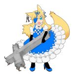  blonde_hair blue_eyes dress earrings elbow_gloves eyepatch fox_ears fox_tail gloves jewelry key long_hair original tail tongue torque 