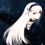  dress gothic_lolita hairband highres hironox lips long_hair looking_back red_eyes rozen_maiden suigintou white_hair wings 