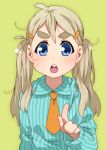  1girl blonde_hair blue_eyes eyebrows k-on! kotobuki_tsumugi long_hair necktie pointing solo takanashi_ringo twintails 
