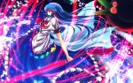 1girl blue_hair bow food fruit hair_over_one_eye hat hat_removed headwear_removed highres hinanawi_tenshi long_hair long_skirt nekominase peach red_eyes skirt solo sword_of_hisou touhou wallpaper wind