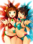  amami_haruka bikini brown_hair earrings ganaha_hibiki green_eyes hands highres idolmaster jewelry kikuchi_makoto nekomata_naomi open_mouth otome_samba samba short_hair swimsuit taiko_no_tatsujin wada_don wink 