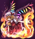  fire flandre_scarlet hat highres ponytail red_eyes shiratama_(mofutto) short_hair side_ponytail solo touhou wings wrist_cuffs 
