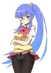  blue_hair blush crossed_arms glasses hair_ornament hairclip katou_haruaki long_hair miniskirt nanatsuiro_drops panties panties_under_pantyhose pantyhose pantyshot plaid plaid_skirt ribbon school_uniform side_ponytail skirt sweater_vest tartan underwear upskirt very_long_hair yuuki_nona 