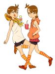  bad_id bike_shorts brown_hair casual drink flat_chest food futami_ami futami_mami hair_bobbles hair_ornament hamanasu hand_in_pocket hoodie ice_cream idolmaster kneehighs short_hair siblings side_ponytail sisters socks striped striped_legwear thighhighs tongue twins 