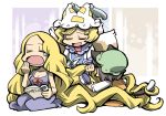  animal_ears blonde_hair brown_hair cat_ears cat_tail chen fox_tail hair_brush hat hounori long_hair multi_tail multiple_girls multiple_tails scissors short_hair tail touhou very_long_hair yakumo_ran yakumo_yukari yawn yawning 