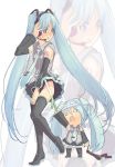  blue_hair blush chibi detached_sleeves hachune_miku hatsune_miku headset legs long_hair microphone necktie no_panties object_on_head panties panties_on_head skirt spring_onion takei_ooki thigh-highs thighhighs twintails underwear very_long_hair vocaloid zoom_layer 