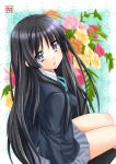  black_hair flower grey_eyes hime_cut k-on! kneeling long_hair looking_back pengin_guriko school_uniform solo 