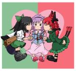  black_hair blush blush_stickers braid cat_ears cat_tail closed_eyes eyeball eyes hair_ribbon hairband heart holding_hands incipient_kiss incoming_kiss kaenbyou_rin komeiji_satori long_hair multi_tail multiple_tails purple_hair rara red_hair redhead reiuji_utsuho ribbon short_hair simple_background tail touhou twin_braids twintails wings 