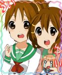 2girls brown_eyes brown_hair chibi hair_ribbon hairclip hirasawa_ui hirasawa_yui k-on! open_mouth ponytail ribbon school_uniform serafuku sham_fu short_hair siblings sisters smile tear