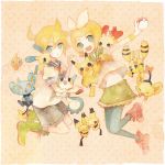  1boy 1girl alternate_color alternate_hairstyle bad_id blonde_hair blue_eyes elekid hand_holding holding holding_hands holding_poke_ball kagamine_len kagamine_rin minun pachirisu pantyhose pechika pichu pikachu plusle poke_ball pokemon pokemon_(creature) rotom shinx shiny_pokemon short_hair skirt spiky-eared_pichu vocaloid 