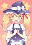  alternate_hairstyle blonde_hair blush fang greave_(artist) hair_ribbon hands_together hat kirisame_marisa ribbon short_hair solo touhou twintails witch_hat yellow_eyes 