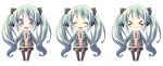  &gt;_&lt; blazer blue_eyes chibi closed_eyes dekosuke green_hair hair_ribbon hatsune_miku long_hair necktie pantyhose ribbon skirt smile twintails vocaloid x3 