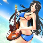  bass_guitar bikini black_eyes black_hair blush breasts butt_crack cloud clouds dutch_angle highres instrument k-on! long_hair nanji ocean sideboob sky solo swimsuit 