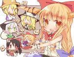  :d =_= annoyed black_hair blonde_hair blush bow broom broom_riding chibi detached_sleeves drinking dual_persona gourd green_eyes hair_bow hair_ribbon hakurei_reimu hat heart highres hitodama horns ibuki_suika katana kirisame_marisa konpaku_youmu konpaku_youmu_(ghost) long_hair looking_at_viewer minigirl moriya_suwako myon_(phrase) open_mouth orange_eyes orange_hair pink_hair red_eyes ribbon routan rowtan short_hair silver_hair simple_background smile spoken_heart sword touhou weapon wrist_cuffs yellow_eyes ||_|| 