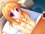  ahoge bed blonde_hair hospital long_hair pajamas pregnant saimin_nakadashi_kozukuri_sengen sitting smile solo violet_eyes 