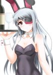  absurdres animal_ears bottle breasts bunny_ears bunnysuit cup eyepatch goblet highres infinite_stratos laura_bodewig long_hair red_eyes silver_hair solo tray wine wine_glass yujin-yujin 