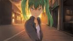  bad_id casual dennou_coil green_eyes green_hair hatsune_miku jacket parody perspective shiika_sadamasa starbucks twintails vocaloid 