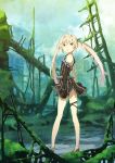  bare_shoulders blonde_hair elbow_gloves flat_chest gloves high_heels highres houru legs long_hair looking_back original outdoors ruins shoes skirt standing striped thigh_strap twintails yellow_eyes 