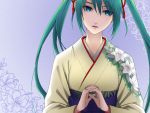  bad_id blue_eyes chimachi floral_pattern floral_print hatsune_miku japanese_clothes kimono twintails vocaloid 