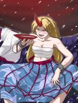 breasts cleavage cuffs horn horns hoshiguma_yuugi long_hair long_skirt no_shirt sakazuki sake sarashi shackles shirtless skirt touhou yuzukineko