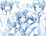  blue koizumi_itsuki kyon monochrome nagato_yuki school_uniform suzumiya_haruhi suzumiya_haruhi_no_yuuutsu wink yin_xing_zi 