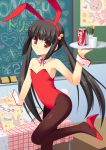  black_hair brown_eyes bunny_ears bunnysuit coca-cola flat_chest gaou hair_bobbles hair_ornament long_hair original pantyhose pocky product_placement rabbit_ears shoe_dangle soda_can tray twintails 