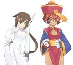  aile atlas breasts brown_hair china_dress chinadress chinese_clothes cleavage cleavage_cutout cosplay dark_skin geung_si gloves green_eyes jiangshi lei_lei lei_lei_(cosplay) lowres multicolored_hair multiple_girls ponytail red_eyes red_hair redhead robot_ears rockman rockman_zx shigehiro_(artist) vampire_(game) 