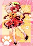  animal_ears brown_eyes brown_hair cat_ears cat_tail chen earrings hat jewelry multi_tail multiple_tails paw_pose paw_print short_hair solo tail touhou 