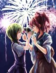  2girls aerial_fireworks candy_apple closed_eyes fireworks glowing green_hair hair_bobbles hair_ornament kitsune_maru mask multiple_girls no_hat no_headwear onozuka_komachi open_mouth profile red_eyes redhead shiki_eiki short_sleeves short_twintails smile touhou twintails wide_sleeves 