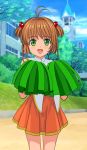  1girl ahoge animated animated_gif blush cardcaptor_sakura cheerleader green_eyes kinomoto_sakura mutsuki_(moonknives) open_mouth short_hair skirt smile solo 