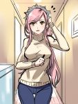  1girl breasts brown_eyes crown denim fate/grand_order fate_(series) hallway hand_on_head highres jeans lips long_hair looking_at_viewer medb_(fate/grand_order) older pants parted_lips pink_hair shimo_(s_kaminaka) sketch solo sweater thigh_gap very_long_hair 