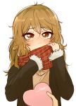  1girl blonde_hair blush brown_eyes catmouth chocolate coat coppelion curly_hair gift heart long_hair looking_at_viewer out_of_frame ozu_kanon plaid plaid_scarf pov pov_hands scarf scarf_over_mouth solo_focus upper_body valentine white_background 