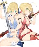  &gt;:) 3:&lt; aestus_estus babydoll blonde_hair blue_eyes blue_panties breast_envy choker excalibur fate/extella fate/extra fate/stay_night fate_(series) green_eyes hair_bun hayashi_kewi highres holding holding_sword holding_weapon navel panties red_panties saber saber_extra simple_background sword underwear weapon white_background 