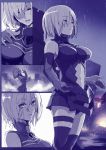 1girl armor armpits asymmetrical_legwear breasts closed_eyes comic elbow_gloves fate/grand_order fate_(series) gloves looking_at_viewer medium_breasts monochrome navel navel_cutout parted_lips rain shielder_(fate/grand_order) short_hair smile solo syatey thigh-highs wet 