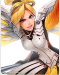  1girl bodysuit breasts brown_legwear eyebrows eyeshadow highres holding holding_staff lips lipstick makeup marker_(medium) mechanical_halo mechanical_wings mercy_(overwatch) omar_dogan overwatch pantyhose parted_lips pink_lips self_shot solo spread_wings staff swiss_flag traditional_media wings yellow_wings 