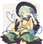  1girl beige_background bow frilled_sleeves frills green_eyes green_hair green_skirt hat hat_bow heart heart_of_string holding holding_phone index_finger_raised komeiji_koishi long_sleeves looking_at_viewer one_eye_closed open_mouth phone satou_kibi shirt short_hair sketch skirt smile solo teeth third_eye touhou wide_sleeves yellow_shirt 