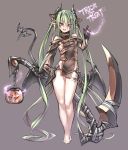  1girl absurdres bare_legs bare_shoulders barefoot deluxe&lt;&lt;&lt; demon_girl demon_horns demon_tail demon_wings fang full_body gloves green_hair grey_background hair_between_eyes halloween highres horns jack-o&#039;-lantern long_hair open_mouth original pointy_ears pumpkin simple_background solo standing tail trick_or_treat very_long_hair violet_eyes weapon wings 