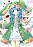  1girl :p animal_hood blue_eyes blue_hair bunny_hood candy curly_hair date_a_live fork gyaza hand_puppet holding long_hair looking_at_viewer popsicle puppet smile strawberry_shortcake stuffed_animal stuffed_bunny stuffed_toy tongue tongue_out yoshino_(date_a_live) yoshinon 