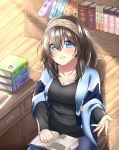  1girl black_hair blue_eyes blush book book_stack bookshelf breasts chair cleavage collarbone desk hairband highres idolmaster idolmaster_cinderella_girls large_breasts long_hair long_sleeves looking_at_viewer sagisawa_fumika shawl smile solo spicy_moo 