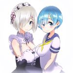  2girls blue_eyes blue_hair blush breasts cleavage cosplay costume_switch crossover detached_sleeves dress hair_ornament hair_over_one_eye hair_ribbon hamakaze_(kantai_collection) hamakaze_(kantai_collection)_(cosplay) headdress kantai_collection large_breasts look-alike looking_at_viewer maid multiple_girls re:zero_kara_hajimeru_isekai_seikatsu rem_(re:zero) rem_(re:zero)_(cosplay) ribbon school_uniform serafuku short_hair silver_hair simple_background smile standing white_background x_hair_ornament 