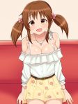  1girl :d bare_shoulders blush breasts brown_eyes brown_hair cleavage couch floral_print h3po4_chiba hair_ornament highres idolmaster idolmaster_cinderella_girls jewelry large_breasts looking_at_viewer open_mouth skirt smile solo totoki_airi twintails 