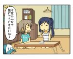  2girls blue_hair brown_hair casual closed_eyes clothes_hanger comic eating food hat love_live! love_live!_sunshine!! matsuura_kanan multiple_girls ponytail shiitake_nabe_tsukami shirt short_hair sleeveless t-shirt table translated wagashi watanabe_you youkan_(food) 