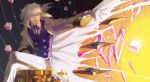  1boy add_(elsword) coat collared_shirt elsword gloves highres long_hair machinery mastermind_(elsword) necktie pants ponytail rke shirt solo star_(sky) tattoo two-tone_background vest white_gloves white_pants 